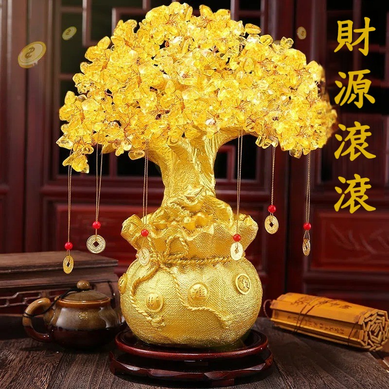 【天然黃水晶，消除不利磁場，招財避災】黃水晶發財搖錢樹擺件，客廳家居，創意酒櫃電視櫃裝飾品，喬遷開業送禮