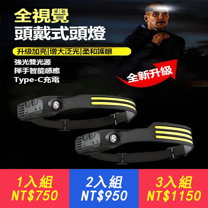 【升級加亮多功能感應頭燈】強光雙光源，遠近雙光，揮手智能感應，Type-C充電，超輕巧超方便！強光充電超亮led頭戴式戶外感應燈帶!無論您是：夜晚出行、夜釣、工地工作，維修器具，都能提供恰到好處的照明！家庭/工作必備頭燈,久帶不累~!