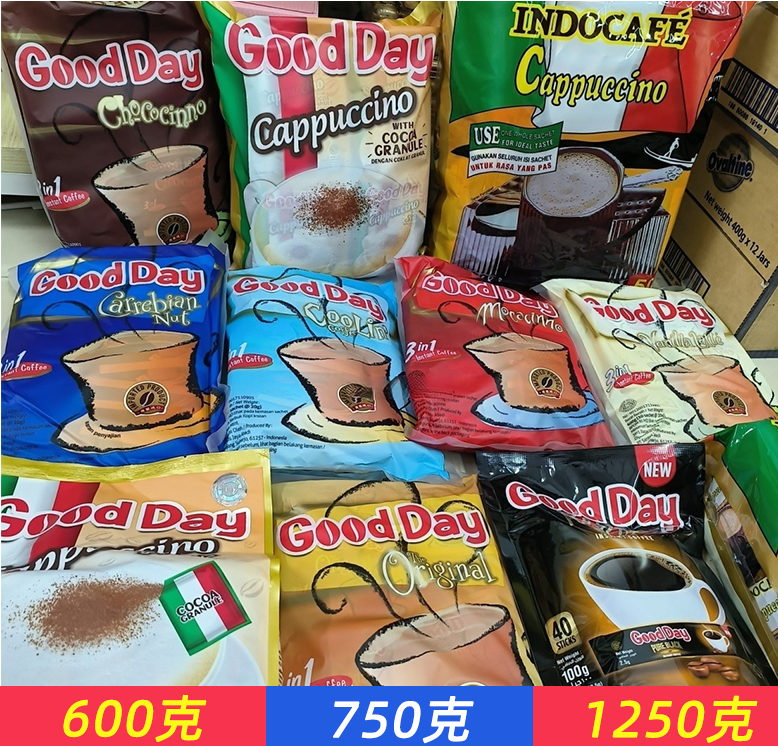 不用出國就能喝到的好咖啡，印尼進口good day好日子咖啡，速溶三合一意式泡沫卡布奇諾、原味、黑咖啡、巧克力味、榛子味、香草味、摩卡味道、冰爽味道、您要的味道都有！無論是自己喝、送人、還是接待賓客，都相當好！