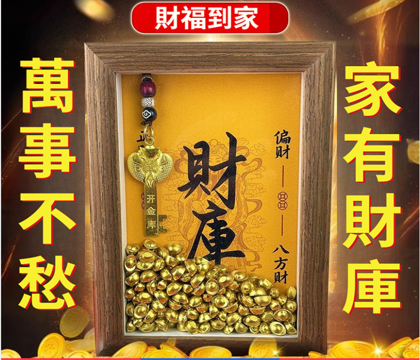開金庫黃財神財庫相框辦公室工位擺件十二生肖金鑰匙招財小物件