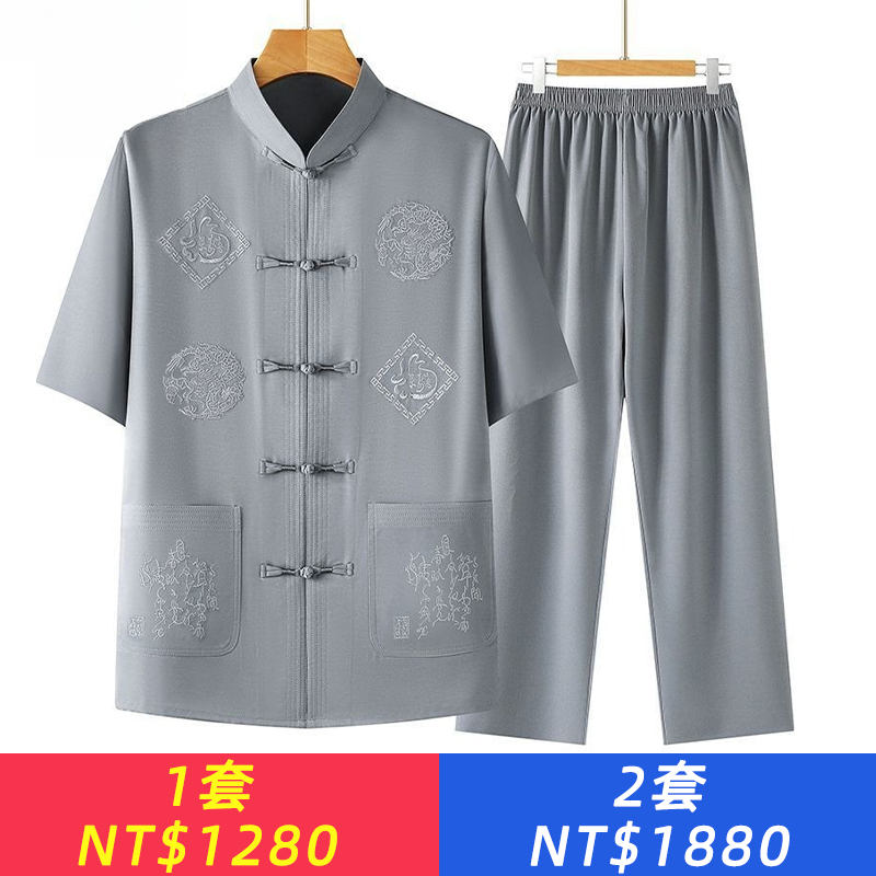 夏季唐裝男中老年爸爸襯衫爺爺中老年寬鬆休閒短袖套裝漢服