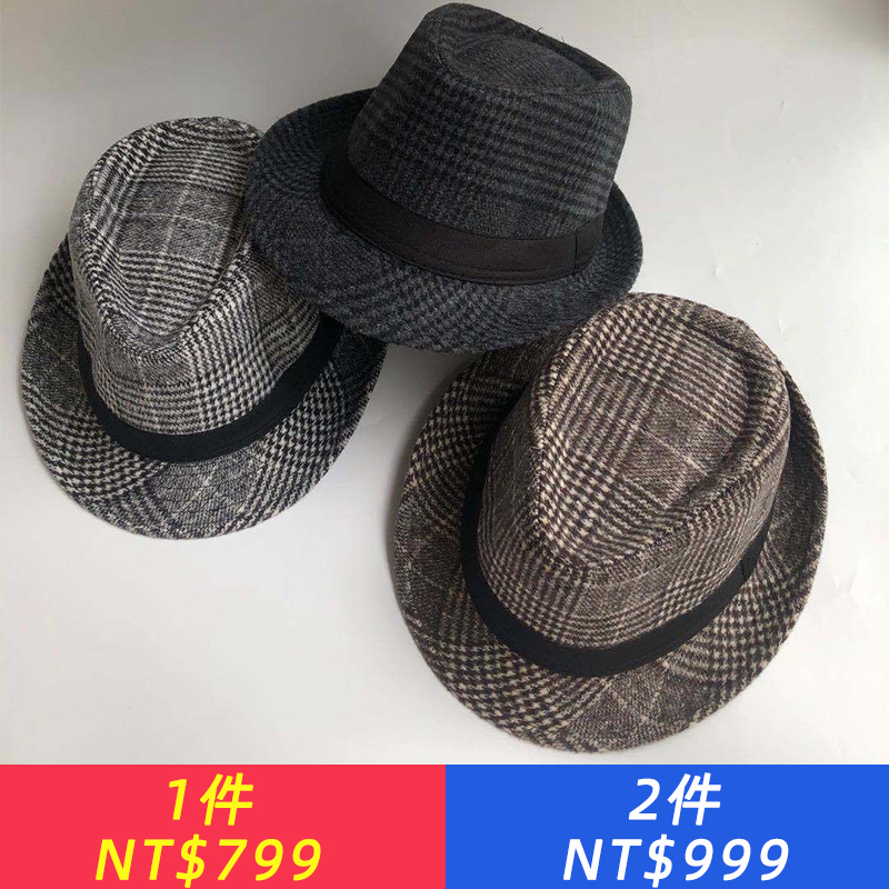 帽子男士新款秋冬季毛呢格紋帽中老年加厚保暖中年老人紳士帽女