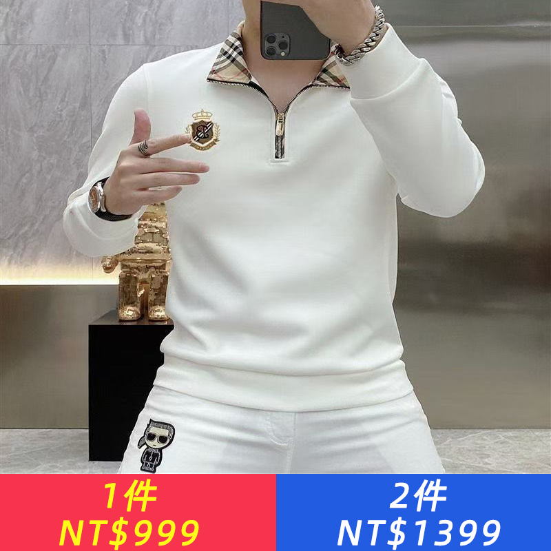 男士長袖高級秋冬衛衣休閒帥氣修身T卹刺繡拉鍊新款時尚立領百搭