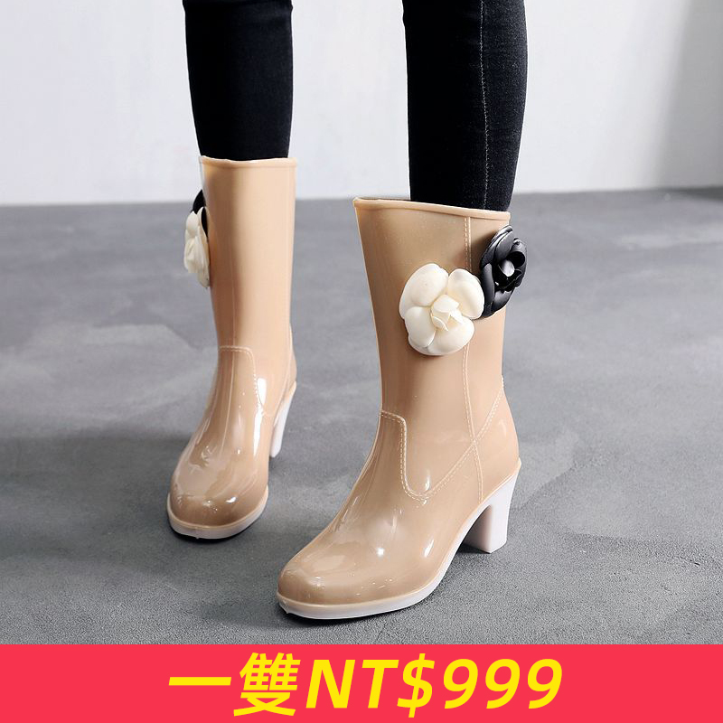 時尚中筒加棉絨高跟雨鞋女士山茶花保暖雨靴成人防滑水鞋套鞋膠鞋