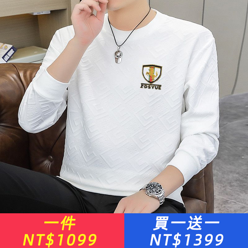 高檔男士提花春秋季圓領衛衣高端新款潮牌潮流長袖休閒套頭打底