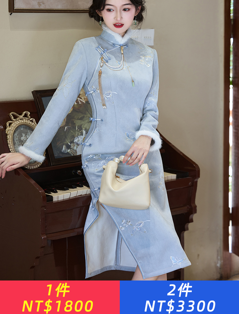 2025冬季新款仿麂皮絨繡花內裡加絨長側八扣旗袍全新中式修身旗袍