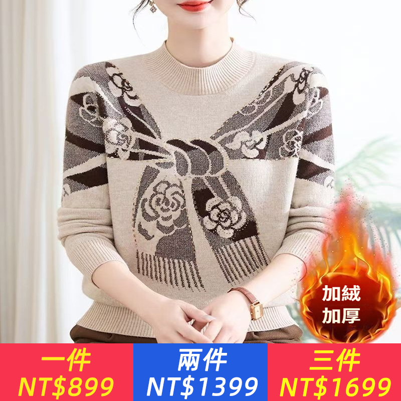 冬季媽媽裝加絨加厚毛衣女中年洋氣時尚保暖一身絨針織衫打底上衣