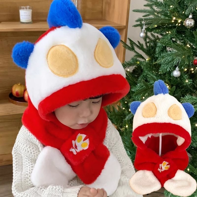 寶寶兒童奧特曼加厚帽子圍巾秋冬季一體男孩護耳毛線帽保暖可愛