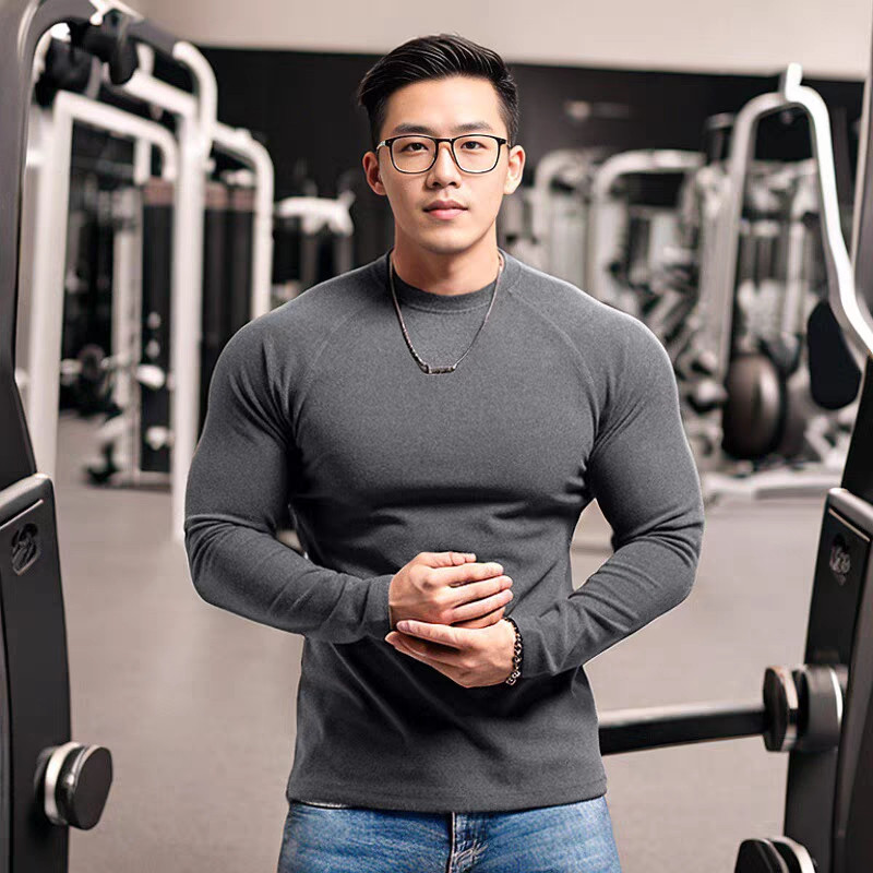 冬季新款陽離子德絨保暖修身半高領圓領運動健身高彈打底長T恤 潮流